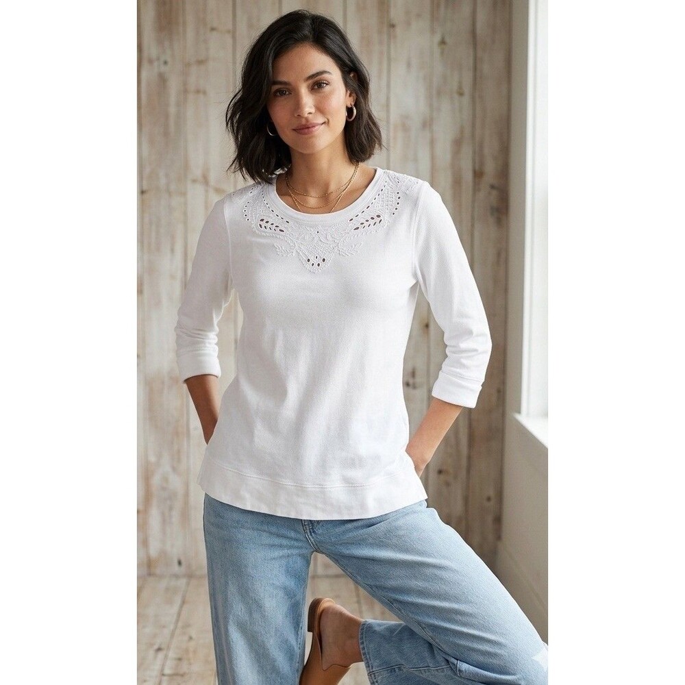 Lauren Ralph Lauren White Cotton Eyelet Embroidered Top L 3/4 Sleeves Preppy